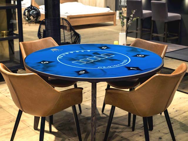 Round Poker Table with a Blue Custom Poker Cloth